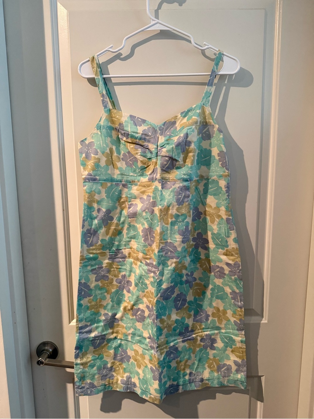 90s Eddie Bauer Pastel Blue, Green, and Purple Floral Cotton Dress